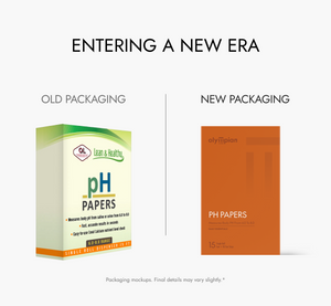 Comparison of old and new packaging for pH papers with text 'Entering a New Era'.
