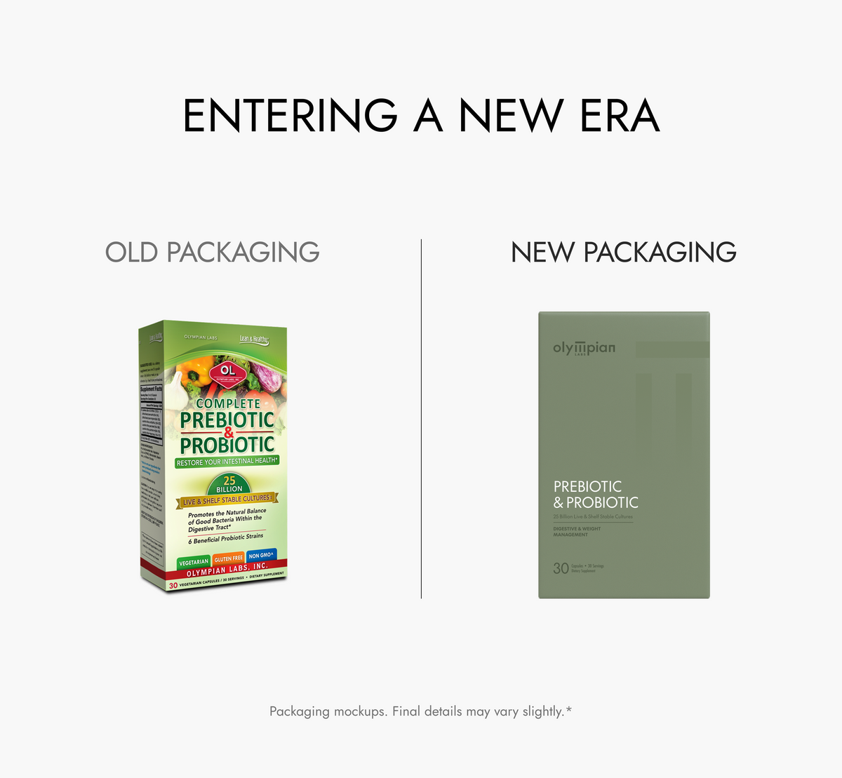Comparison of old and new packaging for a prebiotic and probiotic product on a white background.