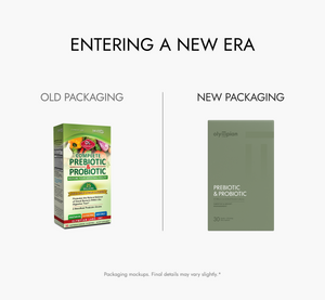 Comparison of old and new packaging for a prebiotic and probiotic product on a white background.