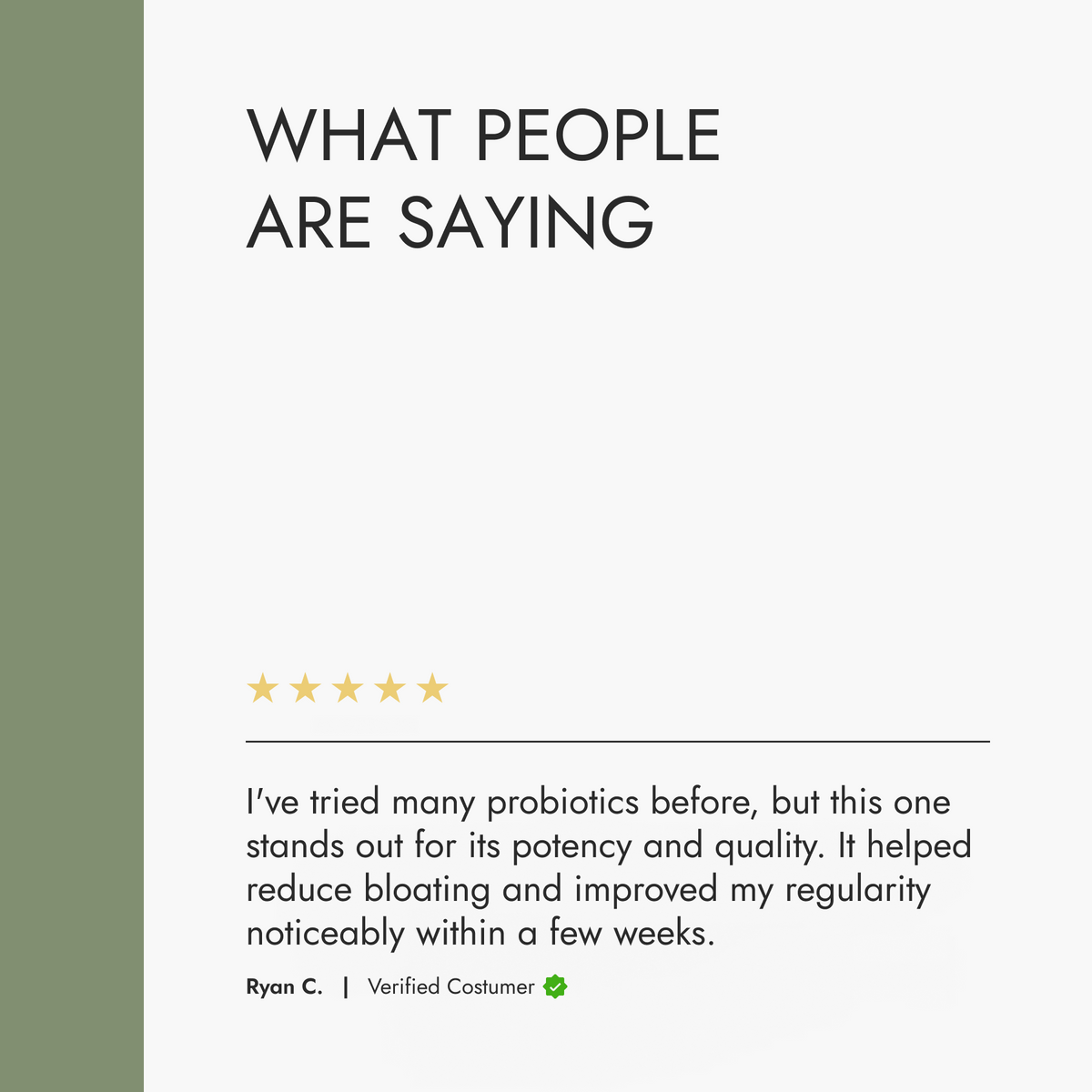 Placeholder image with text 'WHAT PEOPLE ARE SAYING' and a five-star rating, featuring a customer review.