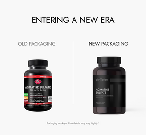 Comparison of old and new packaging for Olympian Labs Agmatine Sulfate supplement bottles.