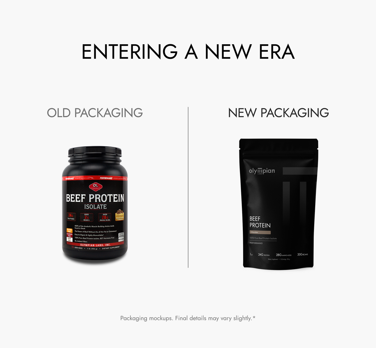 Comparison of old and new beef protein packaging on a white background with text 'Entering a New Era'.