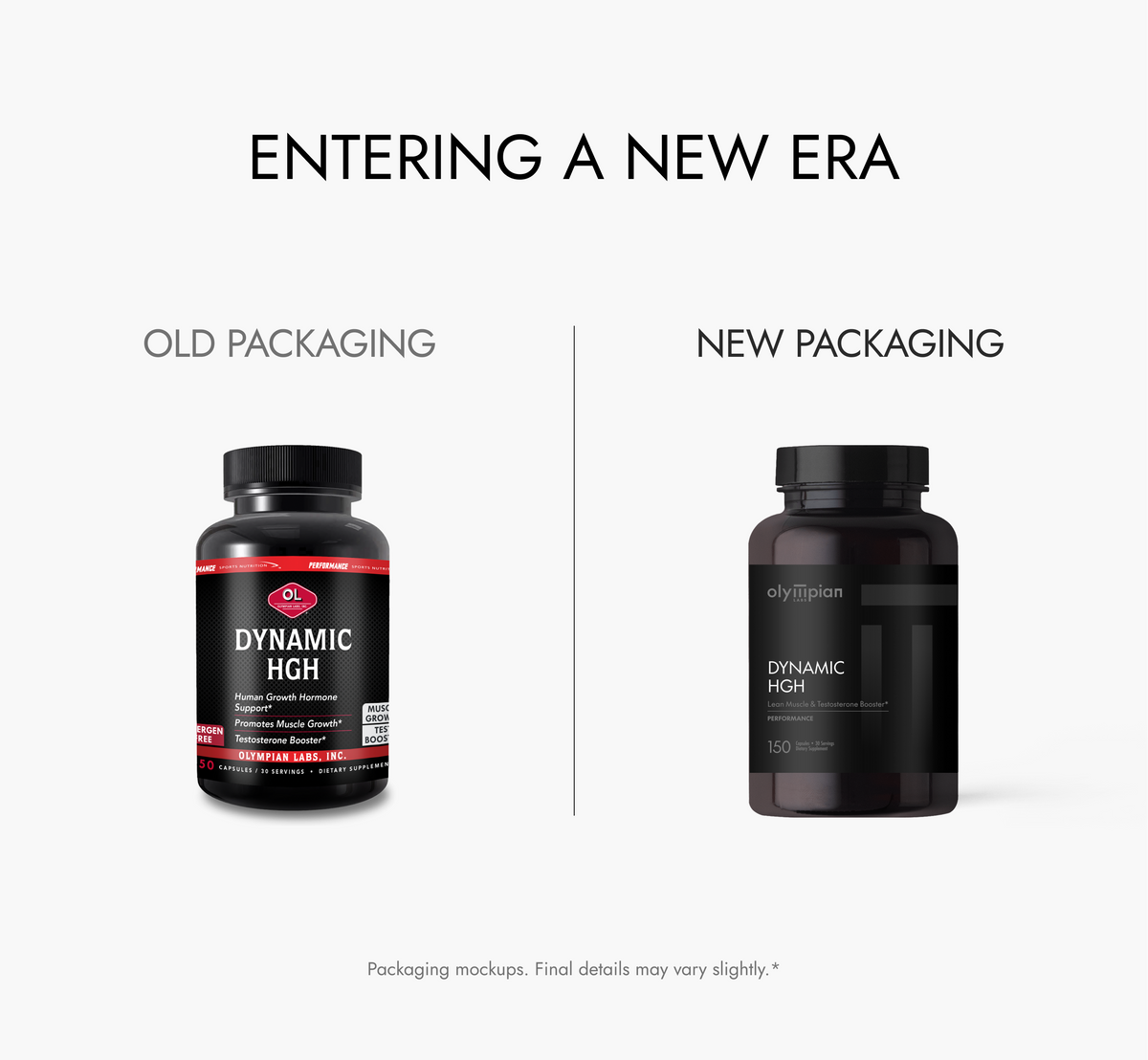 Comparison of old and new packaging for Dynamic HGH supplement bottles on a white background.