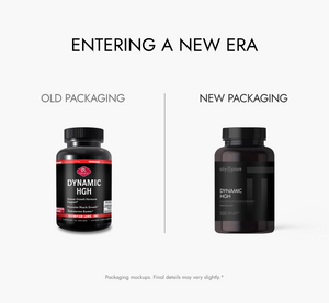 Comparison of old and new packaging for Dynamic HGH supplement bottles on a white background.