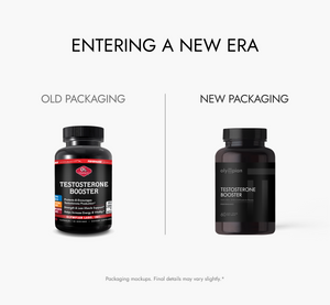 Comparison of old and new packaging for a testosterone booster supplement on a white background.
