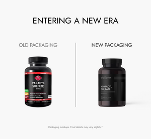 Comparison of old and new packaging for Vanadyl Sulfate supplement bottles on a white background.