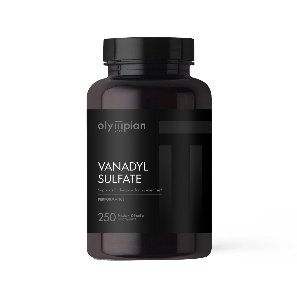 Black supplement bottle labeled 'Vanadyl Sulfate' by Olympian on a white background