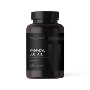 Black supplement bottle labeled 'Vanadyl Sulfate' by Olympian on a white background
