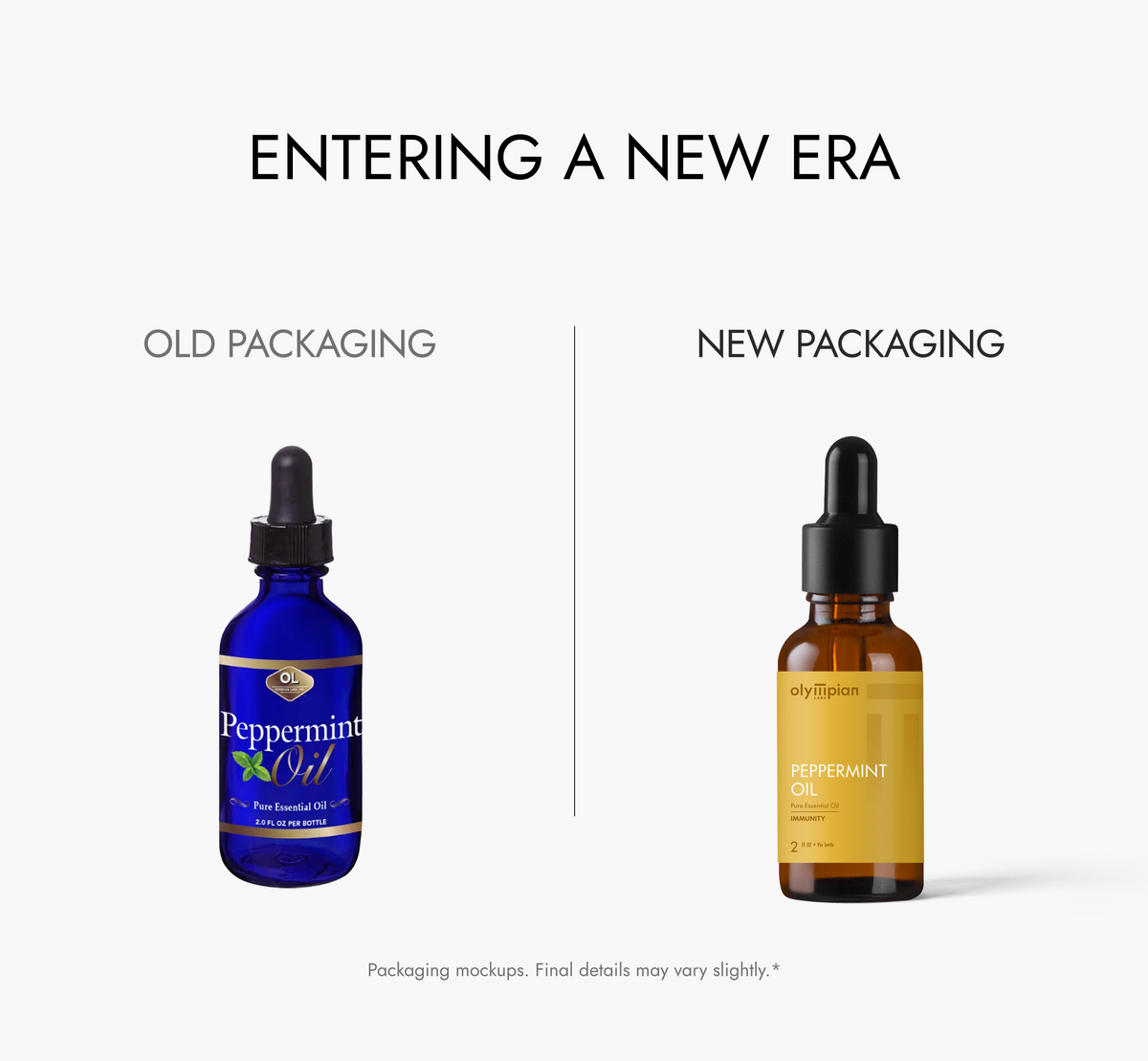 Comparison of old and new packaging for peppermint oil bottles on a white background.