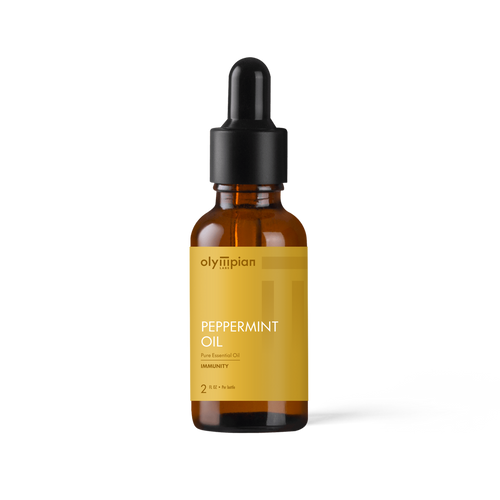Bottle of Olympian Peppermint Oil with dropper on a white background