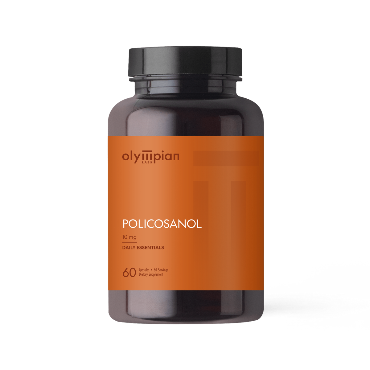 Supplement bottle labeled 'Policosanol' by Olympian on an orange label with black cap.