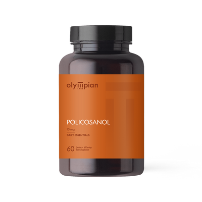 Supplement bottle labeled 'Policosanol' by Olympian on an orange label with black cap.