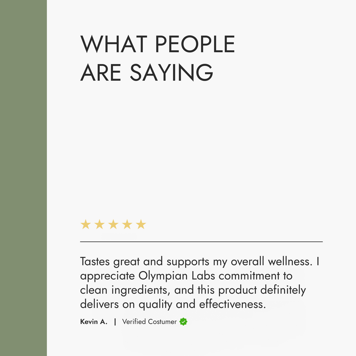 Product review section with a five-star rating and customer comment on a white background.