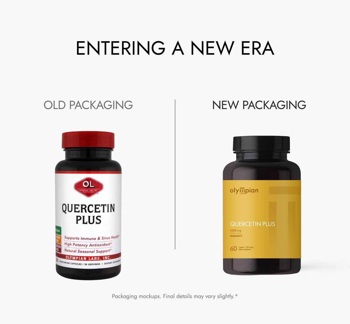 Comparison of old and new packaging for Olympian Labs Quercetin Plus supplement bottles.