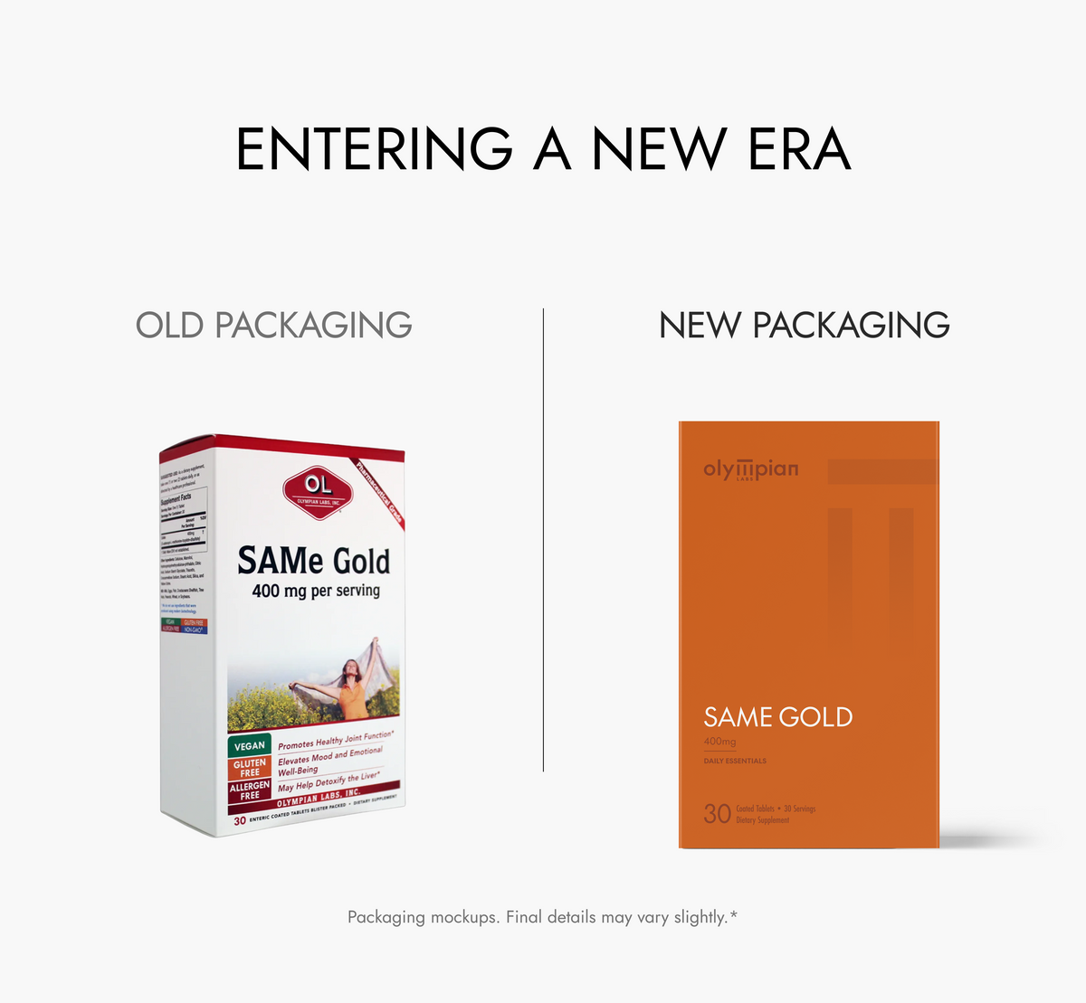 Comparison of old and new packaging for 'Same Gold' product on a white background.