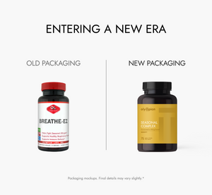 Comparison of old and new packaging for a supplement brand on a white background.