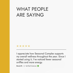 Product review section with a five-star rating and customer testimonial on a white background with yellow sidebar.