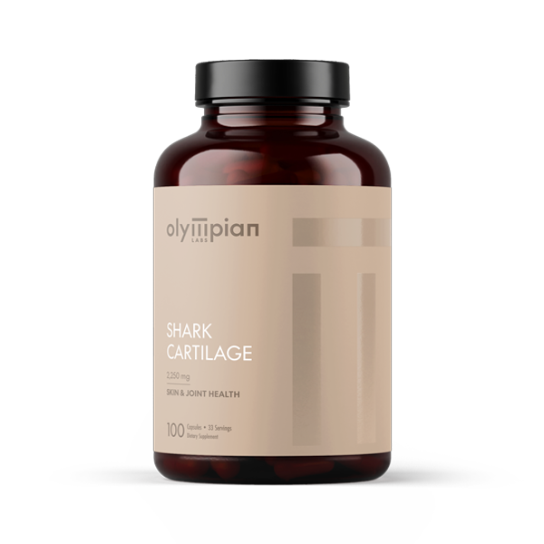 Bottle of Olympian Labs Shark Cartilage supplement on a white background