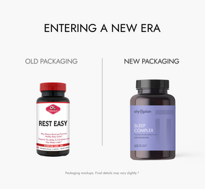 Comparison of old and new packaging for a supplement brand on a white background.