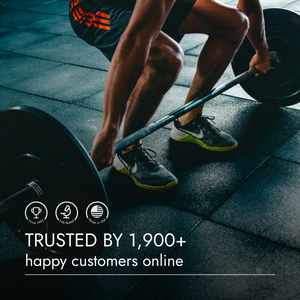 Person lifting a barbell in a gym setting with text about customer trust.