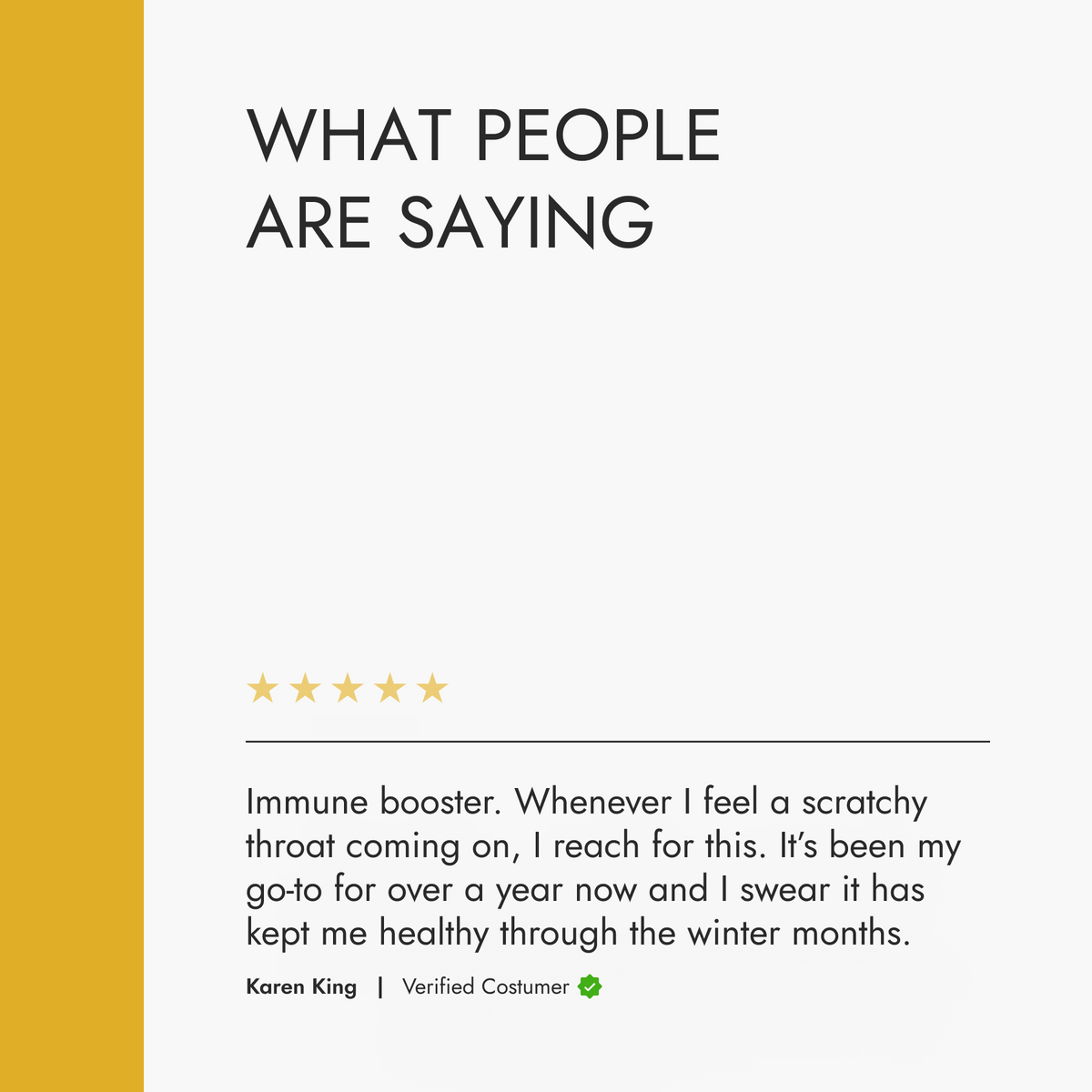 Product review section with a five-star rating and customer testimonial on a white background with yellow sidebar.
