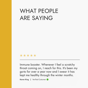 Product review section with a five-star rating and customer testimonial on a white background with yellow sidebar.