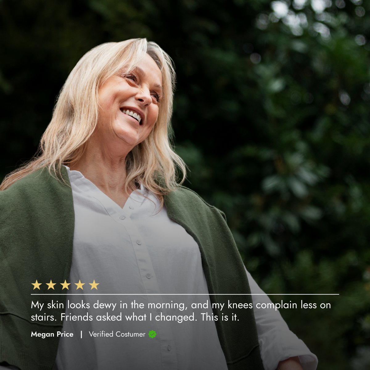 Woman smiling outdoors with a five-star review text overlay.