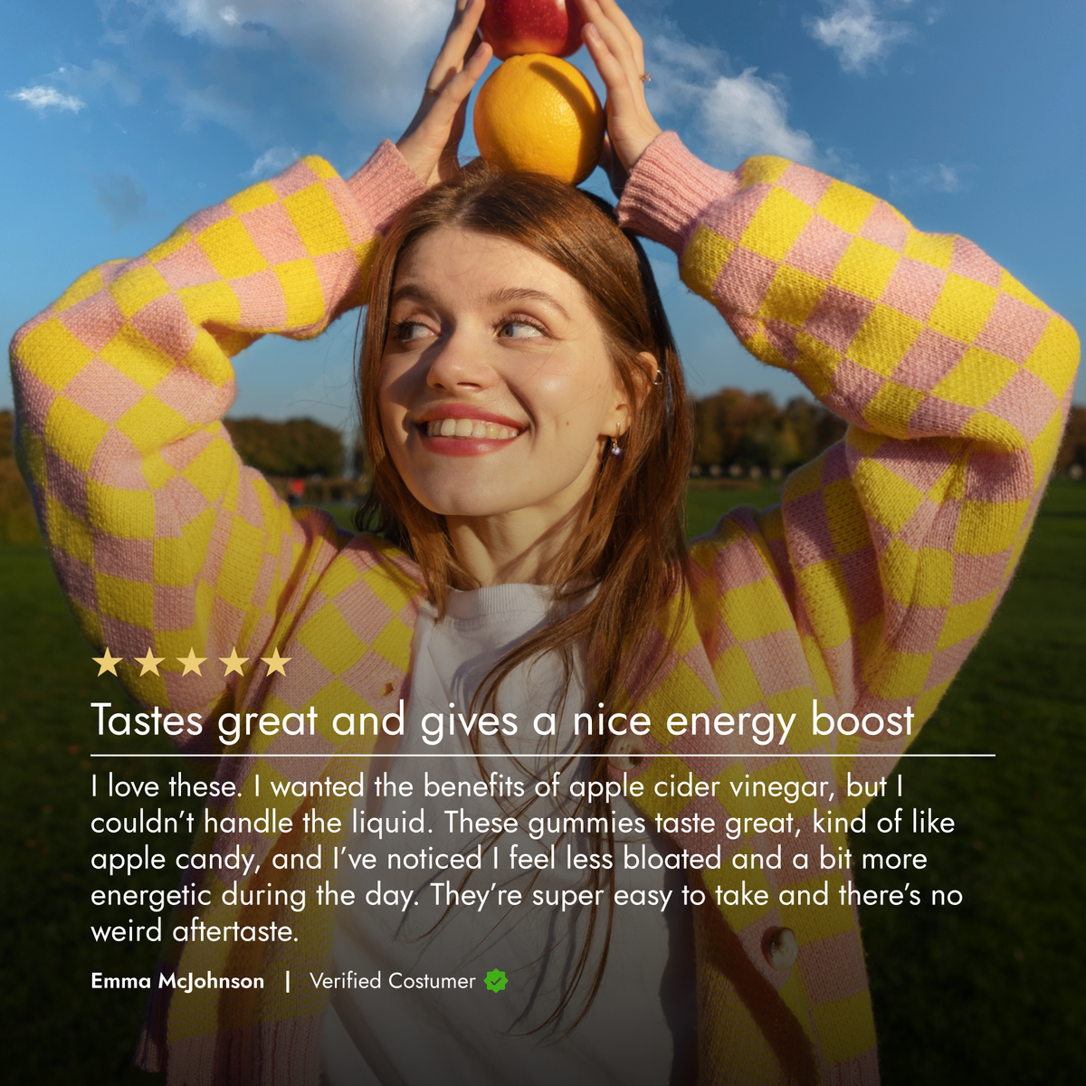 Person wearing a pink and yellow checkered sweater with text overlay about gummy benefits.