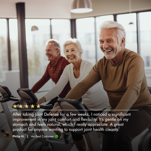 3 elder persons doing cycling on a gym with a review about joint defense