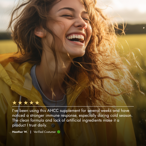 Woman in a yellow raincoat with text about an AHCC supplement