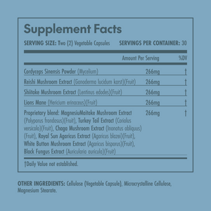 Supplement facts label with various mushroom extracts on a blue background