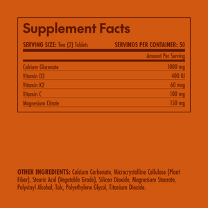 Olympian Labs Calcium Supplement facts label with detailed nutritional information on an orange background