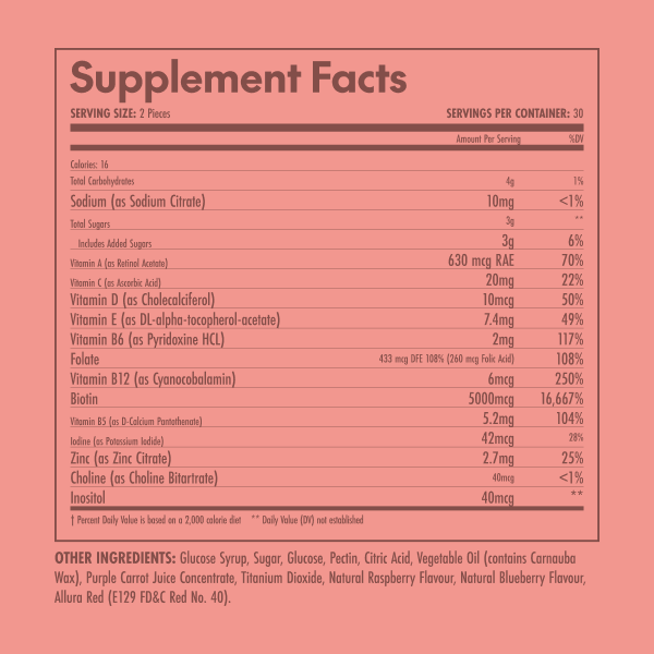 Olympian Labs Hair Vitamin Gummies Supplement facts label on a pink background
