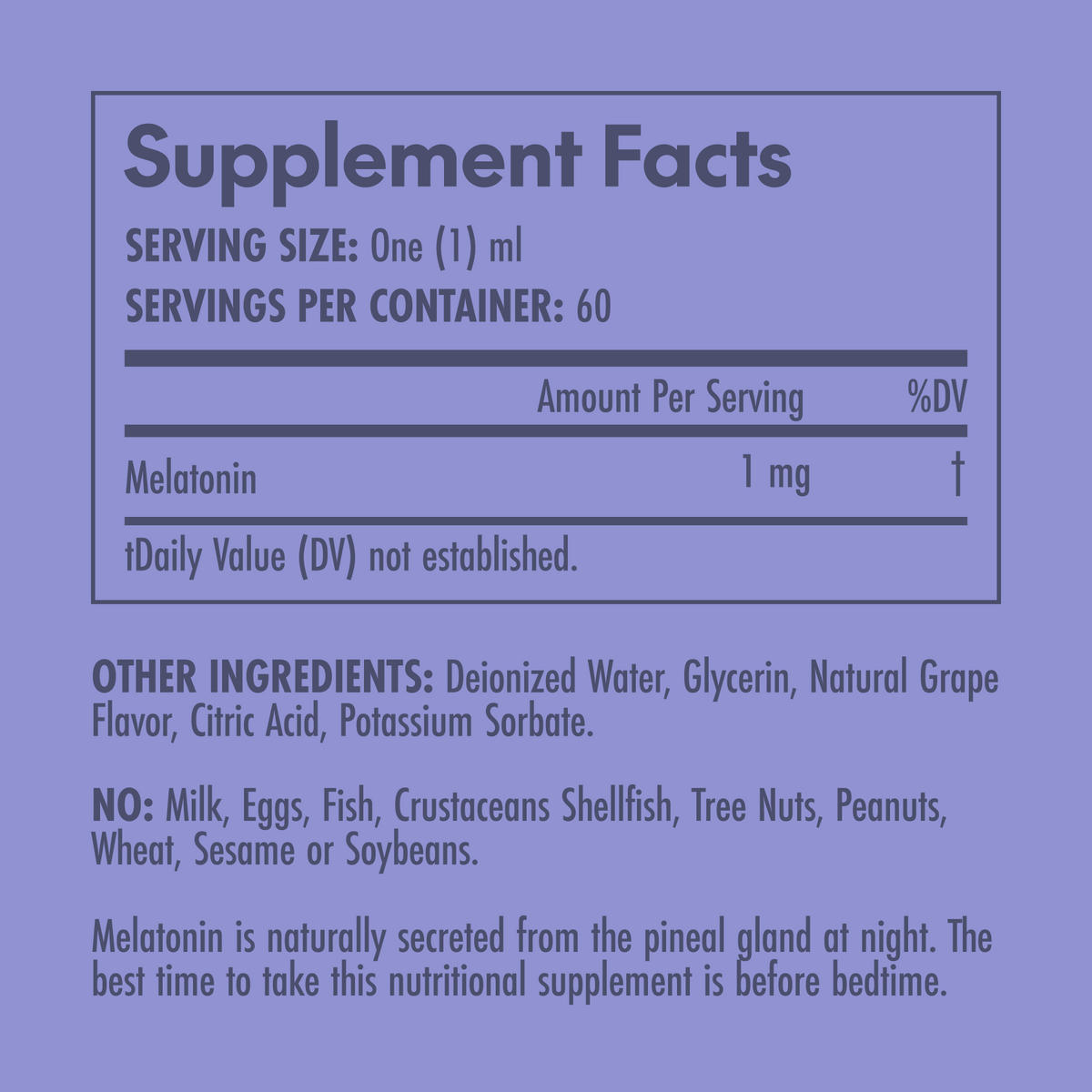 Supplement facts label for a melatonin supplement on a purple background