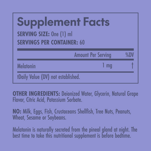 Supplement facts label for a melatonin supplement on a purple background
