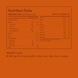 Nutrition facts label with ingredients on an orange background