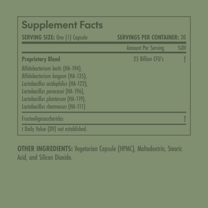 Supplement facts label with proprietary blend and ingredients on a green background