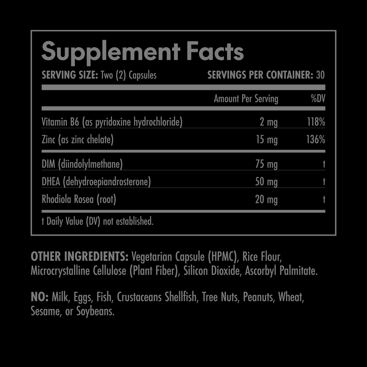 Supplement facts label with various nutrients and their amounts on a black background