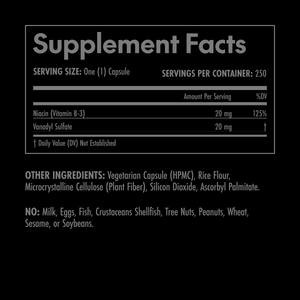 Supplement facts label with black background and white text