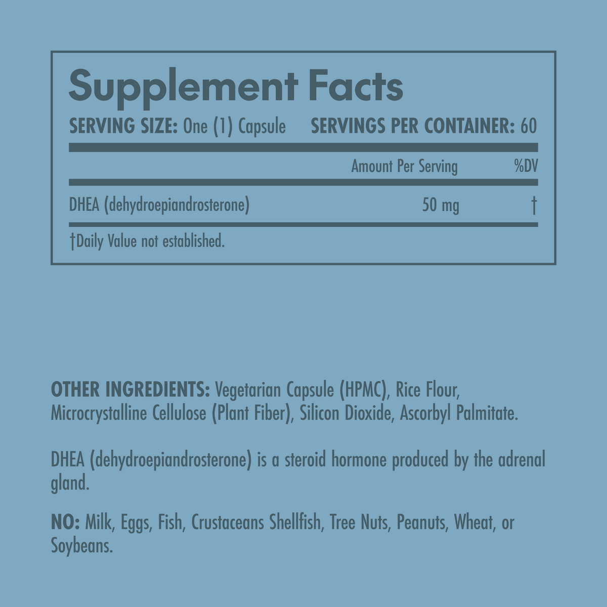 Supplement facts label for a DHEA supplement on a blue background
