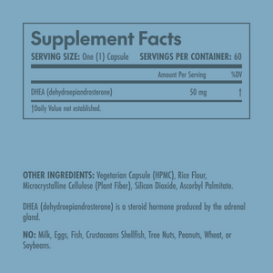 Supplement facts label for a DHEA supplement on a blue background