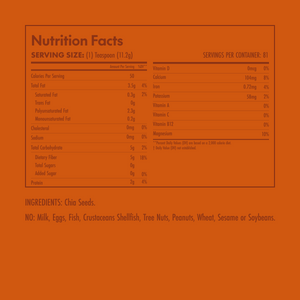 Nutrition facts label for chia seeds on an orange background