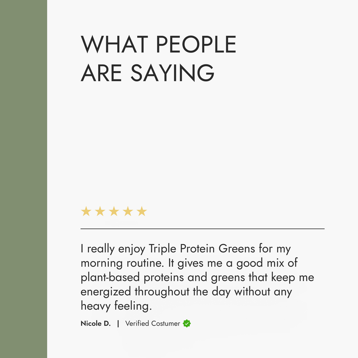 Product review section with a five-star rating and customer testimonial for Triple Protein Greens.