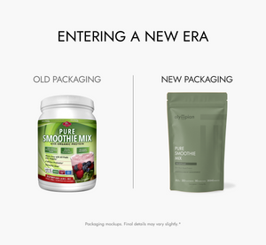Comparison of old and new packaging for Olympian Labs Pure Smoothie Mix on a white background.