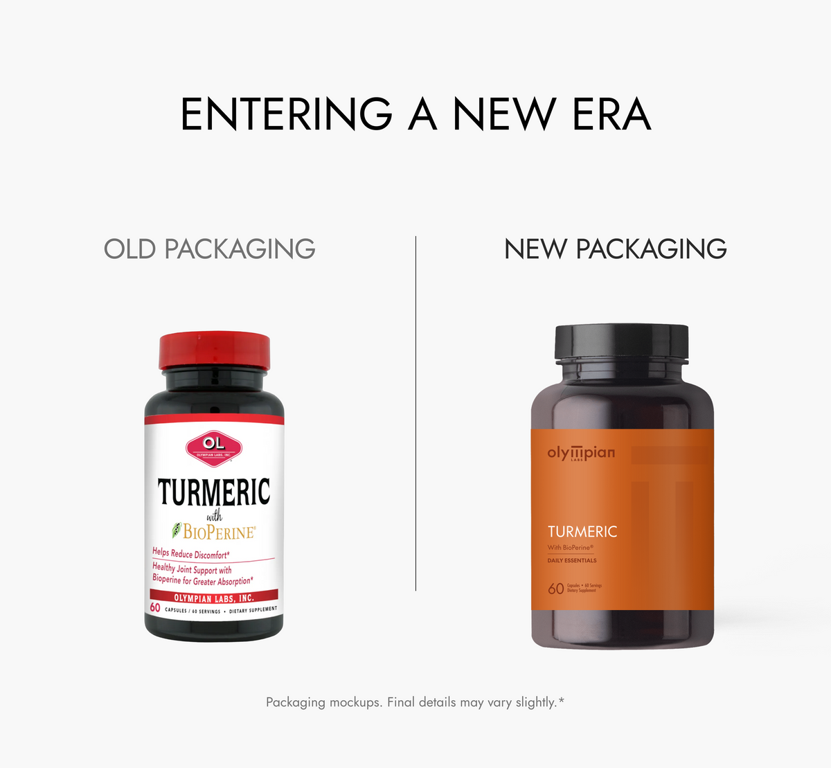 Comparison of old and new Olympian Labs Turmeric supplement packaging on a white background.
