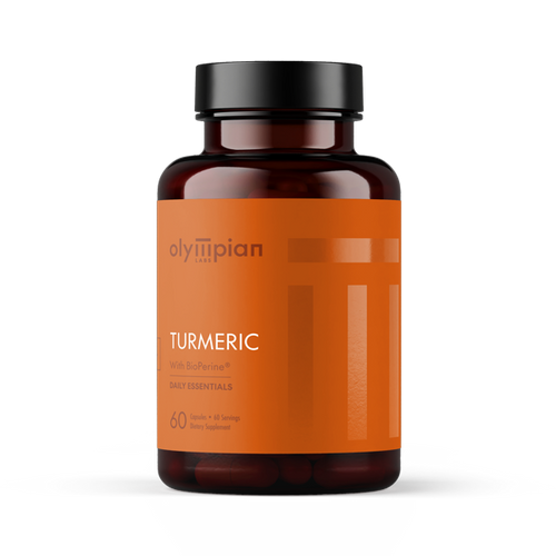 Bottle of Olympian Turmeric supplements on a white background