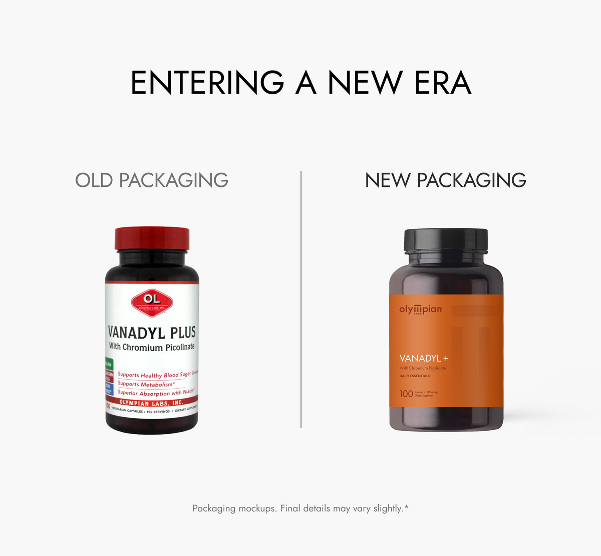 Comparison of old and new supplement bottle packaging on a white background.