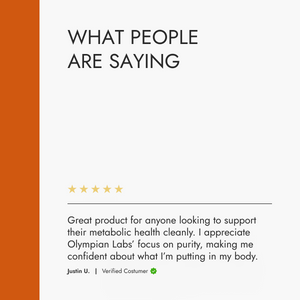 Product review section with a five-star rating and customer comment on a white background.