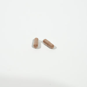 Two brown pills on a white background