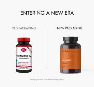Comparison of old and new packaging for Olympian Labs Vitamin B-12 supplements on a white background.